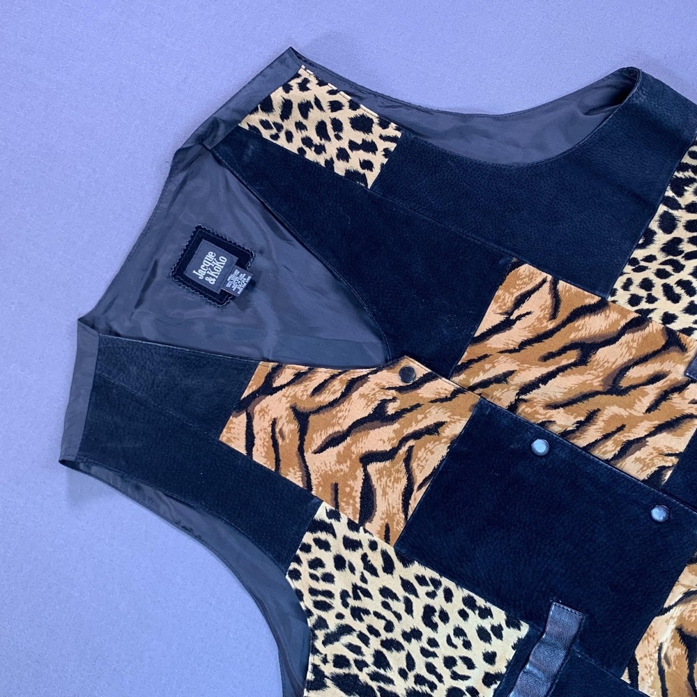 Jacqueβ & KoKo Vest Womens 22/24 Black Leather Animal Print Patchwork Snap Lined